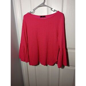 F&F Woman Pink Scoop Boat Neck Flare LS Textured Top Casual Pullover Stretch